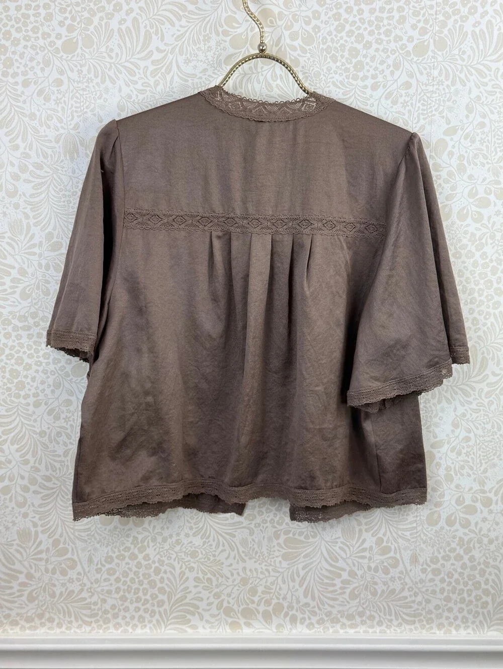 Free People Brown Tie-Front Lace Open Front Short Sleeve Blouse - Size - Small